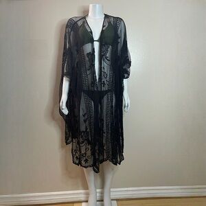 Black embroidered flowers mesh lace beach scalloped hem cover up kimono